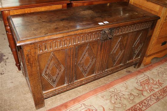 Early 18th century oak carved and panelled coffer(-)